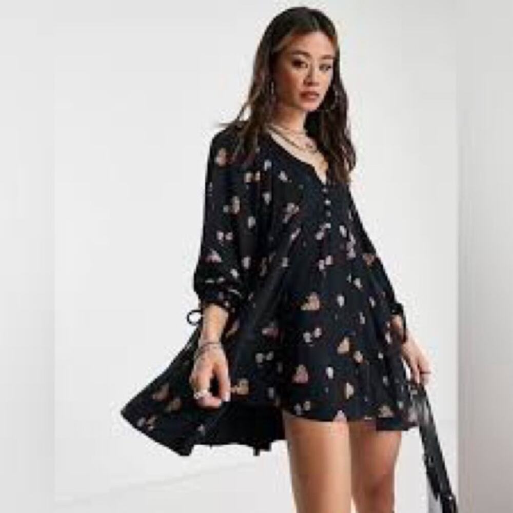 We The Free Black Floral Oversized Mini Babydoll Dress Size XS-Large 0747